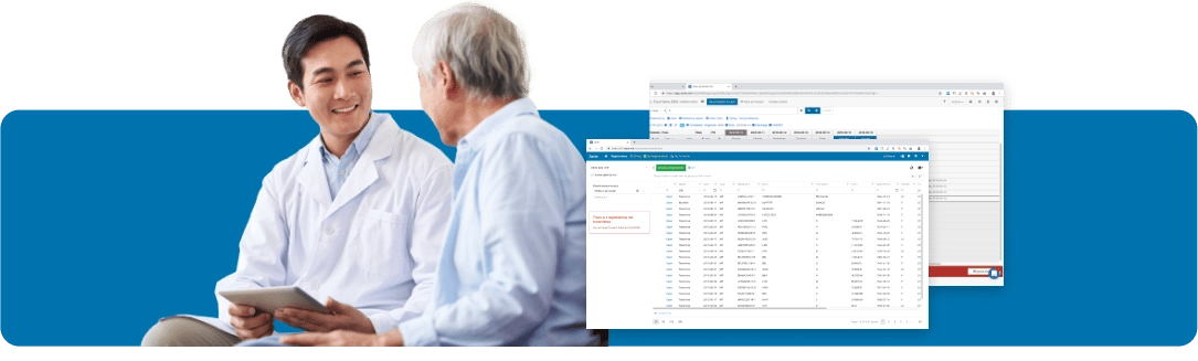 Un médecin souriant discutant avec un patient, illustration d'un ecran avec une vue sur un backoffice de logiciel