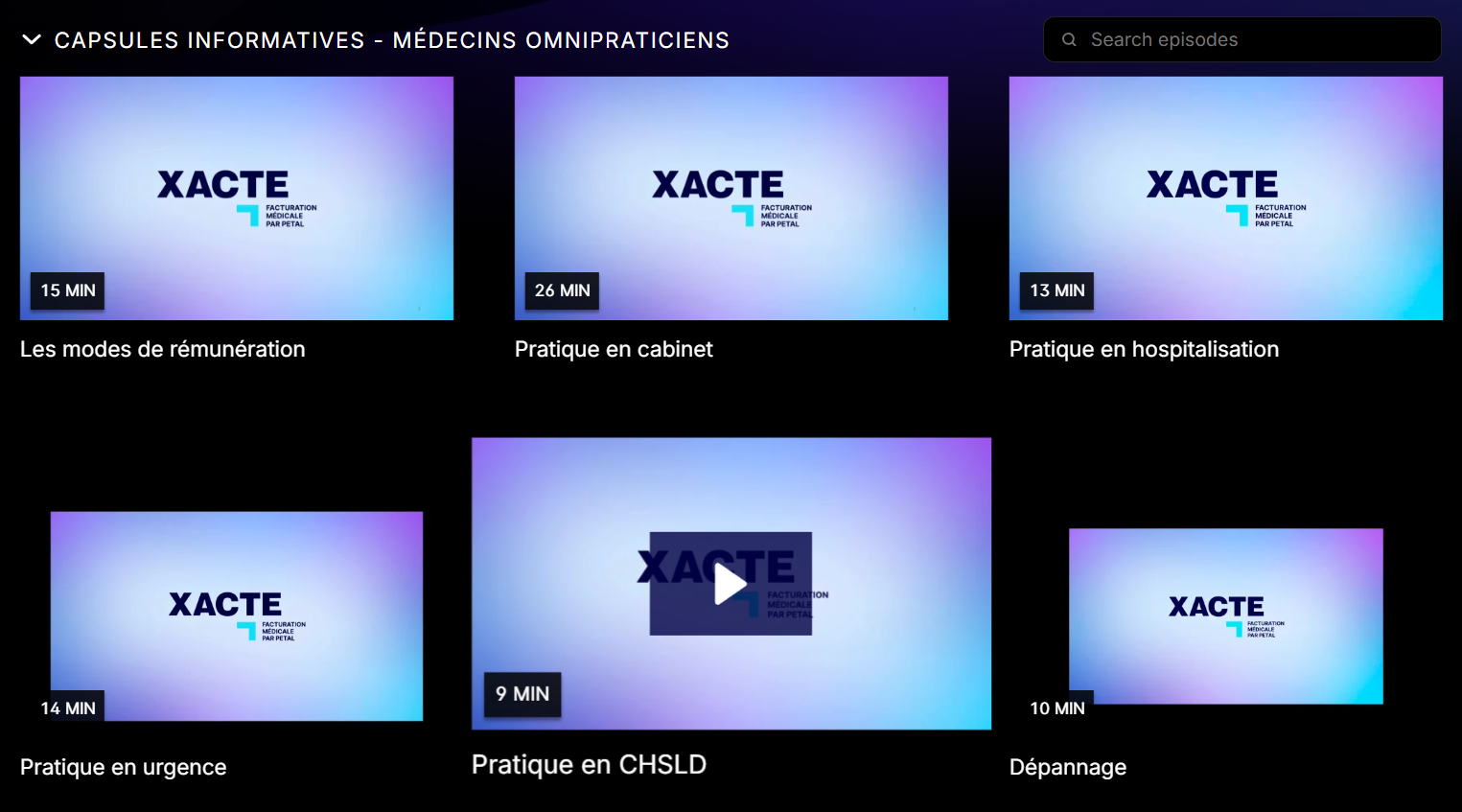 A screenshot of six purple webinar video thumbnails on a black background within the Xacte Learning Centre.