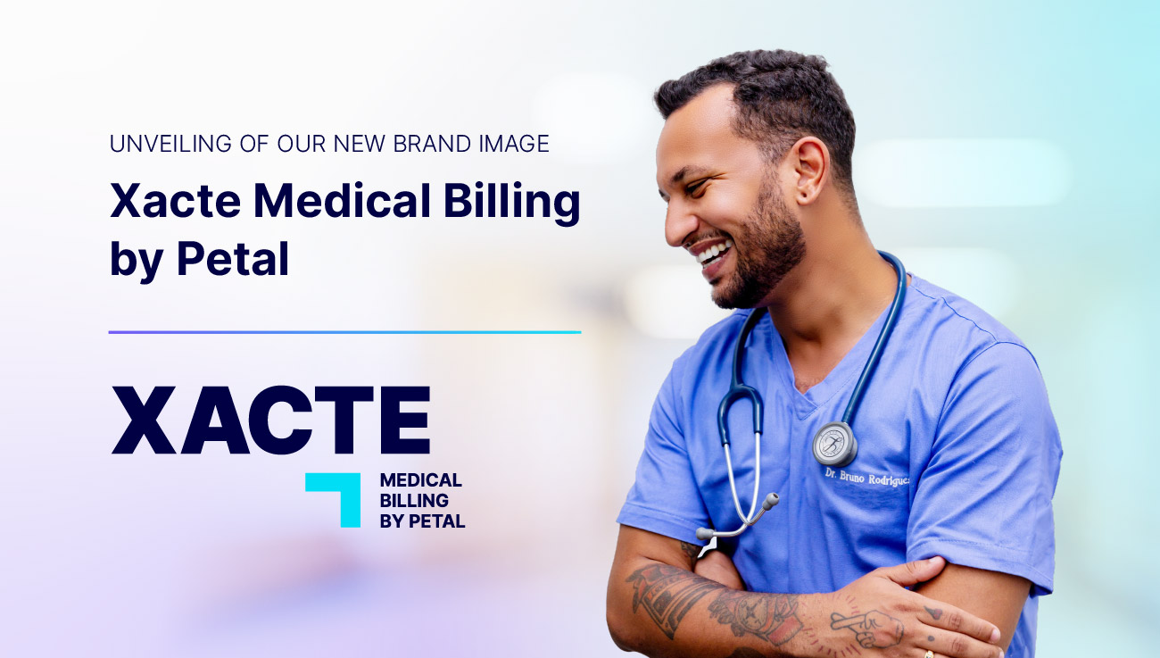 Announcement of Xacte's rebranding with the new Xacte logo and a happy doctor